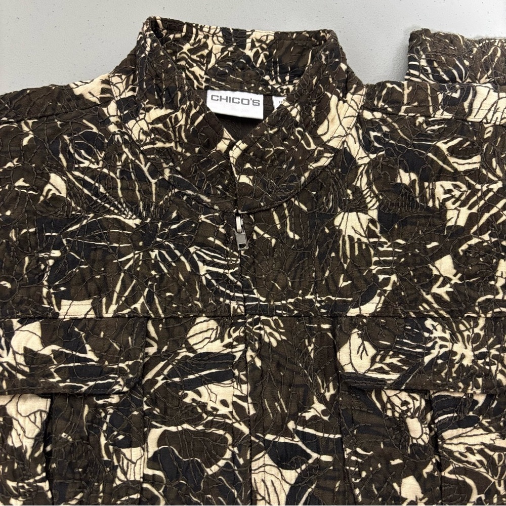 Chico's Brown Tan Blazer Full Zip Jacket Size 2/ L-12 Floral Textured Neutral
